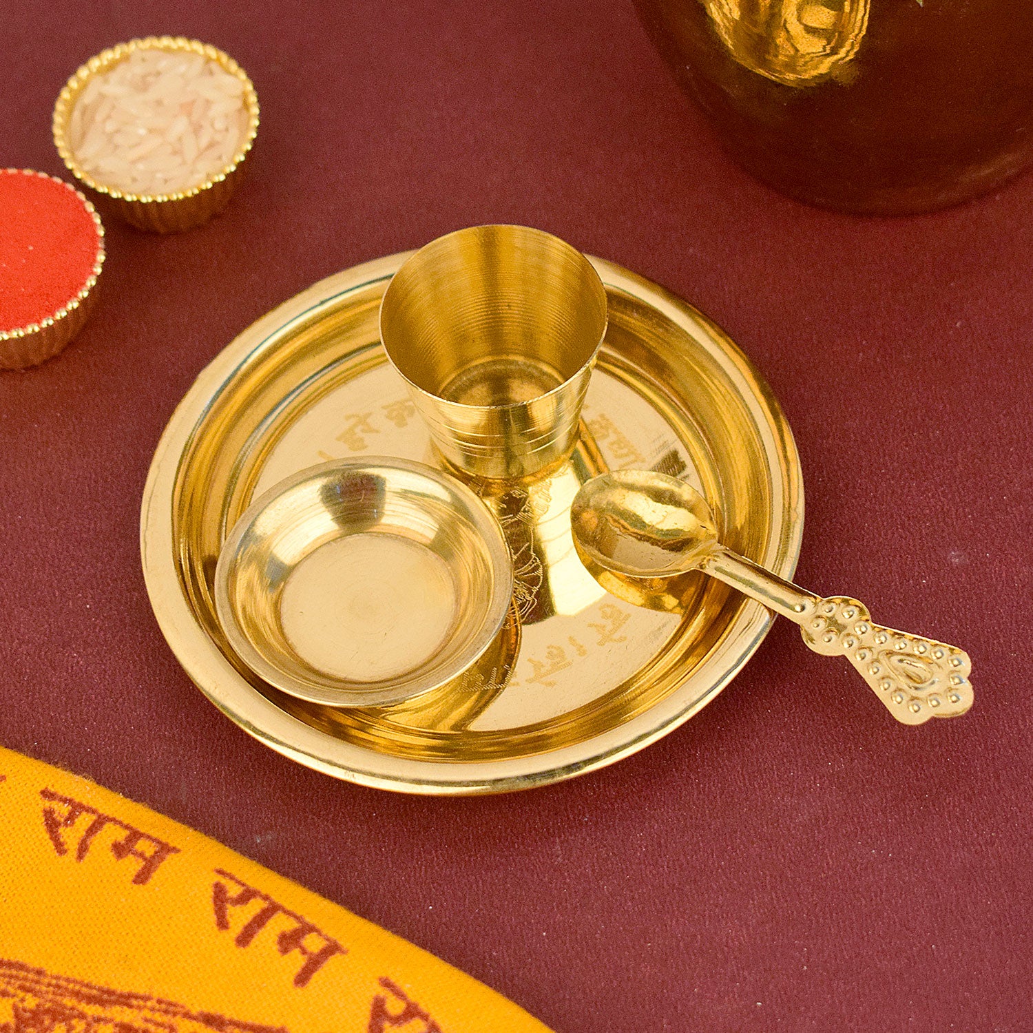 Laddu Gopal Bhog Thali Set with Kanha embossed design, 3 to 4 inch brass plate for daily Krishna offerings Indiaβs Largest Pooja Accessories Brand β www.satvikstore.in