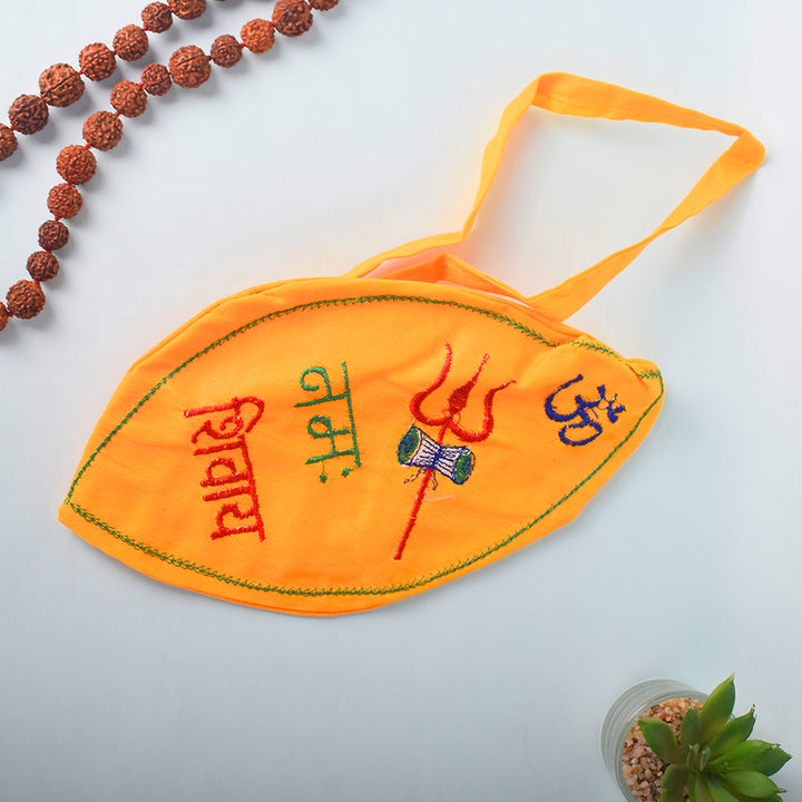 100% Cotton Yellow Om Namah Shivaya Printed Jap Mala Jholi Bag for storing prayer beads, ideal for meditation, chanting, and spiritual practices – lightweight and durable devotional accessory. India’s Largest Pooja Accessories Brand – www.satvikstore.in