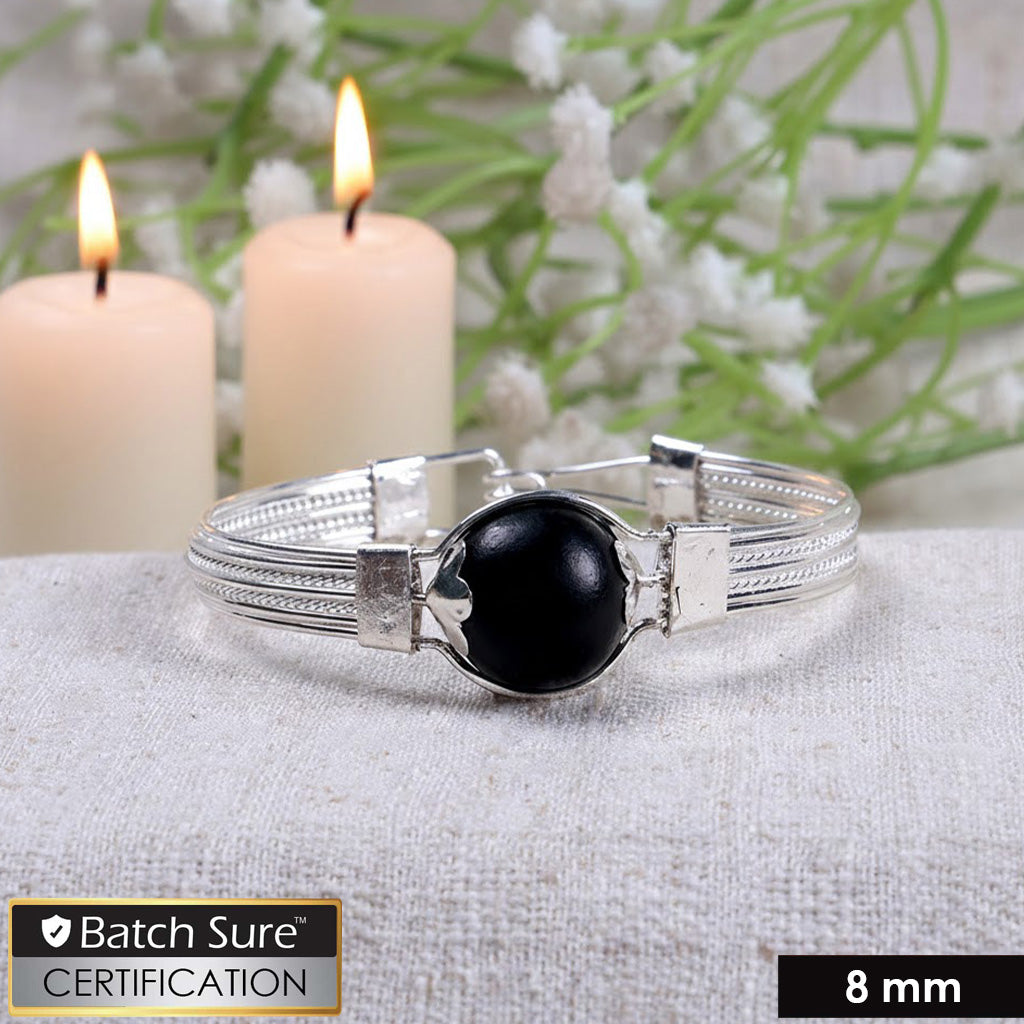 Original authentic ebony wood Karungali silver-plated kada bracelet with smooth polished finish and traditional handcrafted detailing for spiritual wear. India’s Largest Puja Accessories Brand- www.satvikstore.in