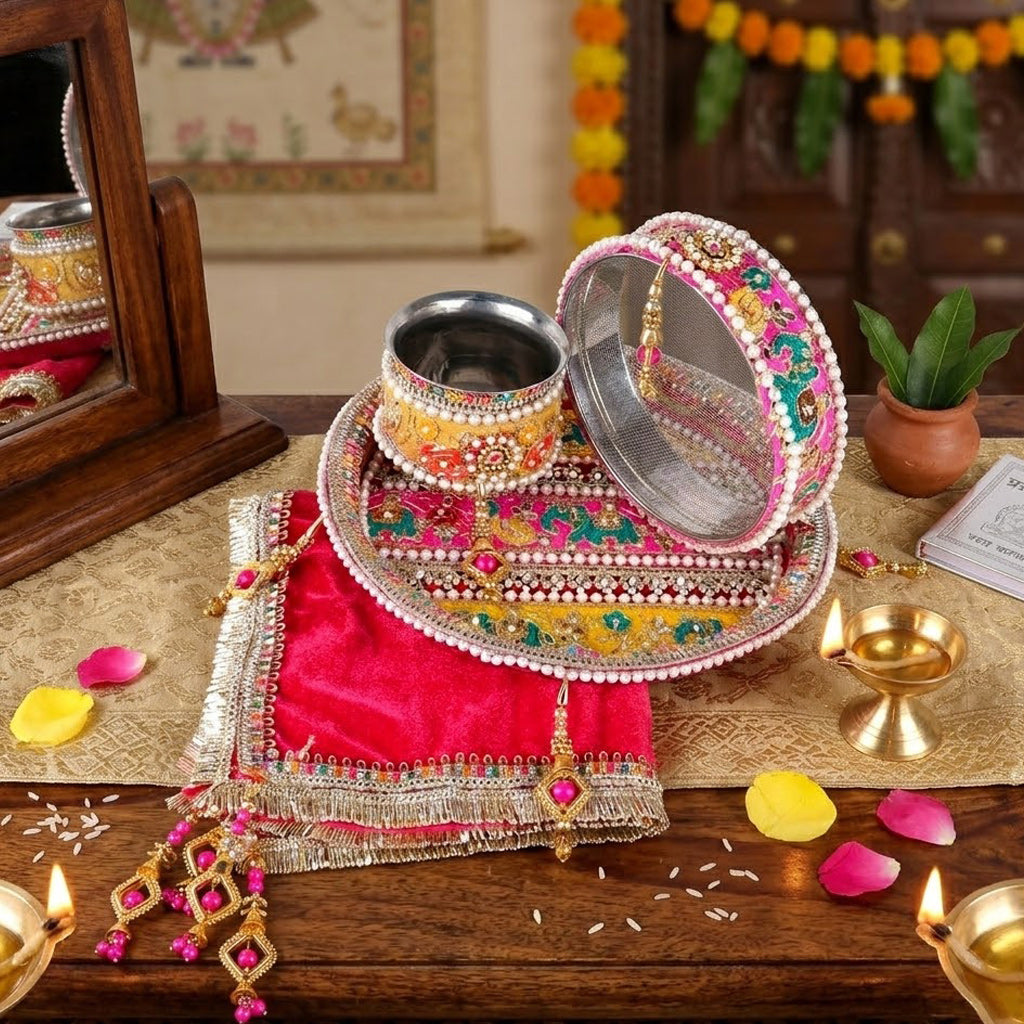 Pink Karwa Chauth Thali Set | Indiaโs Largest Pooja Accessories Brand โ www.satvikstore.in