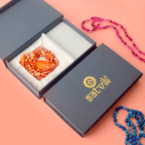 Premium Hakik Jap Mala with Orange Carnelian Beads β A Spiritual Meditation Mala for Confidence, Creativity, and Energy Boost. Indiaβs Premium Hakik Jap Mala Store - www.satvikstore.in