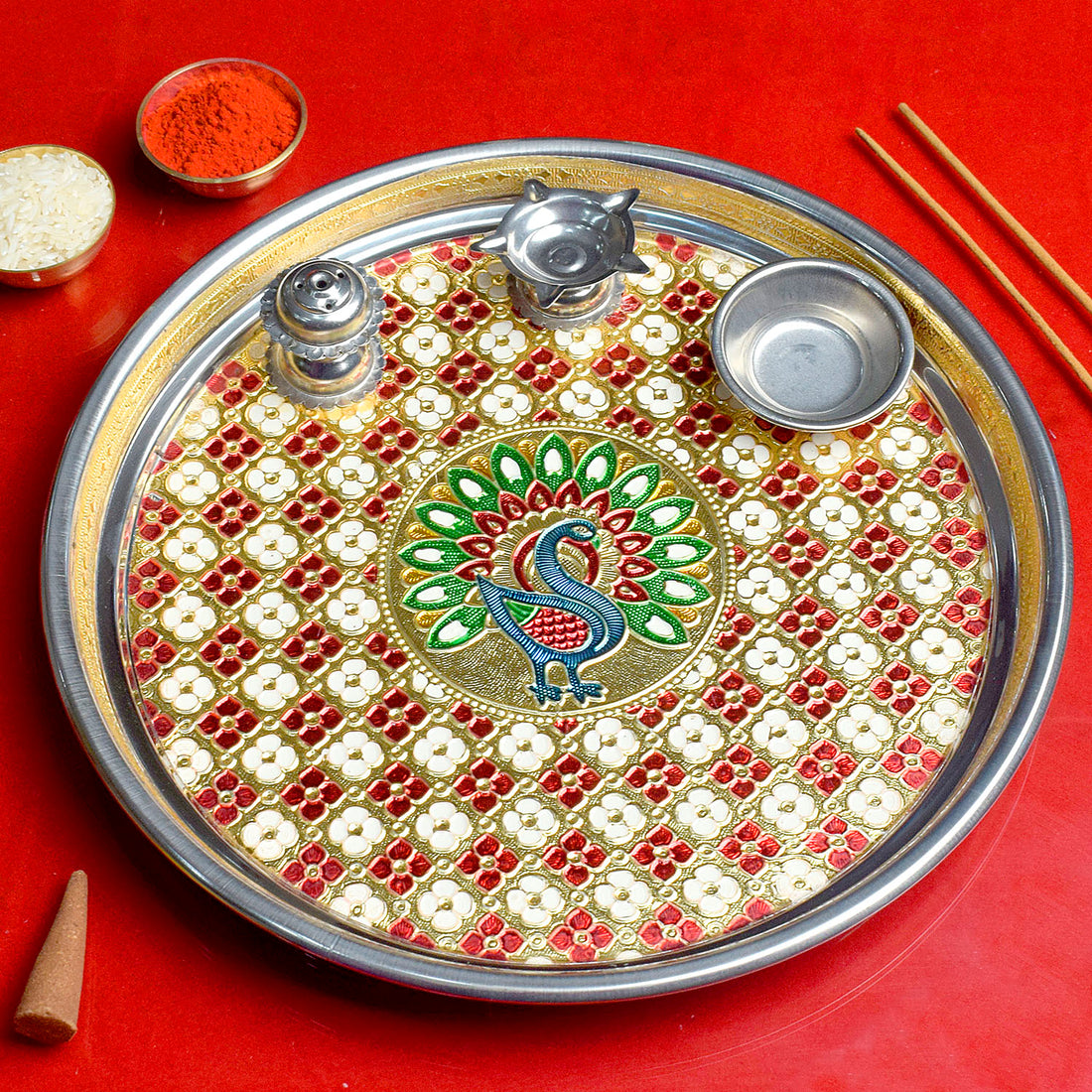 Printed stainless steel aarti thali ensemble featuring traditional spiritual motifs, ideal for pooja rituals and festive offerings India’s Largest Pooja Accessories Brand – www.satvikstore.in