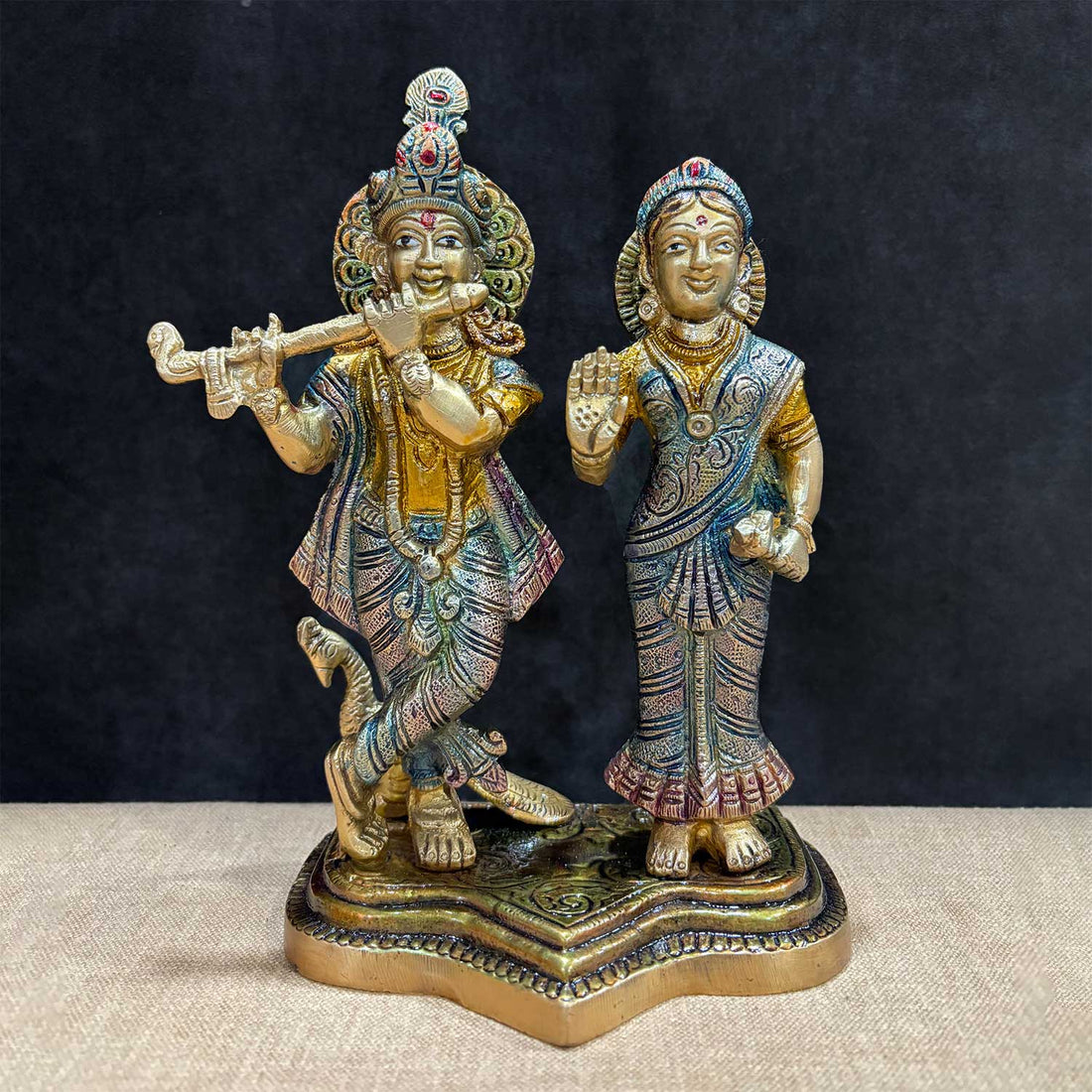 8 Inch Radha Krishna Idol crafted in pure brass, depicting the divine couple in a loving pose, symbolizing eternal devotion and spiritual love โ perfect for home temples and gifting. No.1 Brass Idol Store www.satvikstore.in