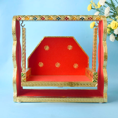 Red Velvet and Meenakari handcrafted Laddu Gopal Jhula with ornate design, ideal for Bal Gopal during Janmashtami and pooja rituals. Indiaβs Largest Pooja Accessories Brand β www.satvikstore.in