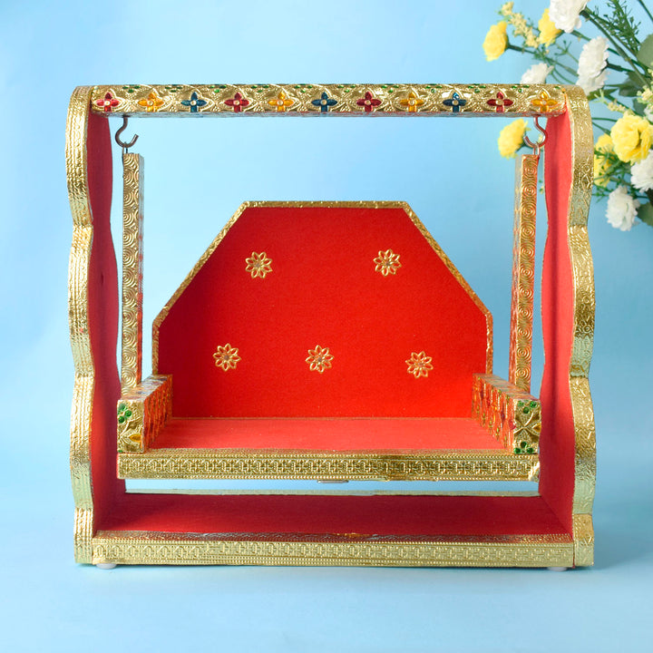 Red Velvet and Meenakari handcrafted Laddu Gopal Jhula with ornate design, ideal for Bal Gopal during Janmashtami and pooja rituals. Indiaβs Largest Pooja Accessories Brand β www.satvikstore.in