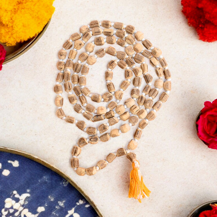 Tulsi Jaap Mala with 108 natural wooden beads, used for mantra chanting, meditation, and spiritual rituals.  India’s Premium Jap Mala Store- www.satvikstore.in