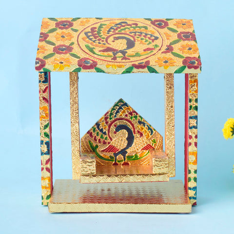 Unique Hut Shape Jhula for Laddu Gopal featuring detailed craftsmanship and a miniature hut roof, ideal for Janmashtami and pooja dΓ©cor. Indiaβs Largest Pooja Accessories Brand β www.satvikstore.in
