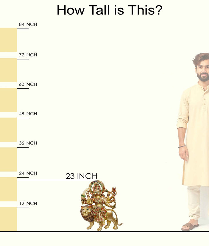 Handcrafted brass statue of Durga Maa seated on her lion vahana, holding multiple weapons including a sword and trident, glossy finish, weight 24850 grams, height 60 cm (approximately 23.62 inches), length 42 cm (approximately 16.54 inches). Best for VIP Gift, best for big premium gift, best for your temple. India's Large Puja Accessories Brand - Satvikstore.in