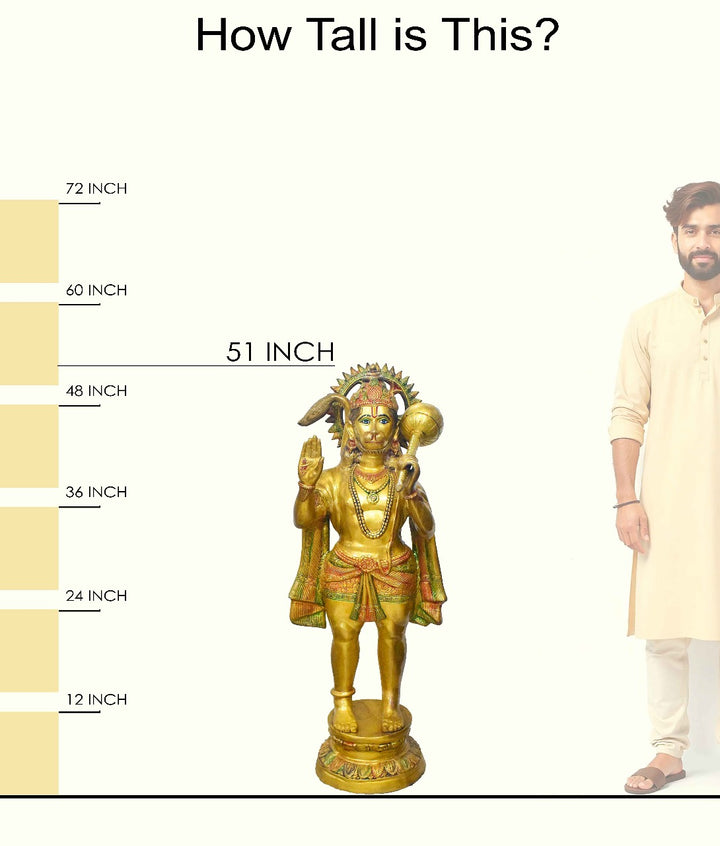 Handcrafted large brass statue of Lord Hanuman standing with a gada (mace) over his shoulder and a blessing gesture, glossy finish, weight 75000 grams (75 kg), height 132 cm (approximately 51.97 inches), length 55 cm (approximately 21.65 inches). Best for VIP Gift, best for big premium gift, best for your temple. India's Large Puja Accessories Brand - Satvikstore.in