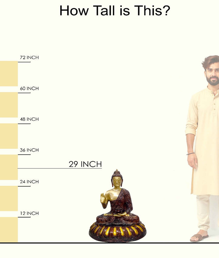 Handcrafted large brass statue of Buddha seated in the Abhaya Mudra (gesture of fearlessness and protection) on an ornate lotus pedestal with a dark finish, glossy accents, weight 50000 grams (50 kg), height 75 cm (approximately 29.53 inches), length 64 cm (approximately 25.2 inches). Best for VIP Gift, best for big premium gift, best for your meditation space, symbol of peace and enlightenment. India's Large Puja Accessories Brand - Satvikstore.in