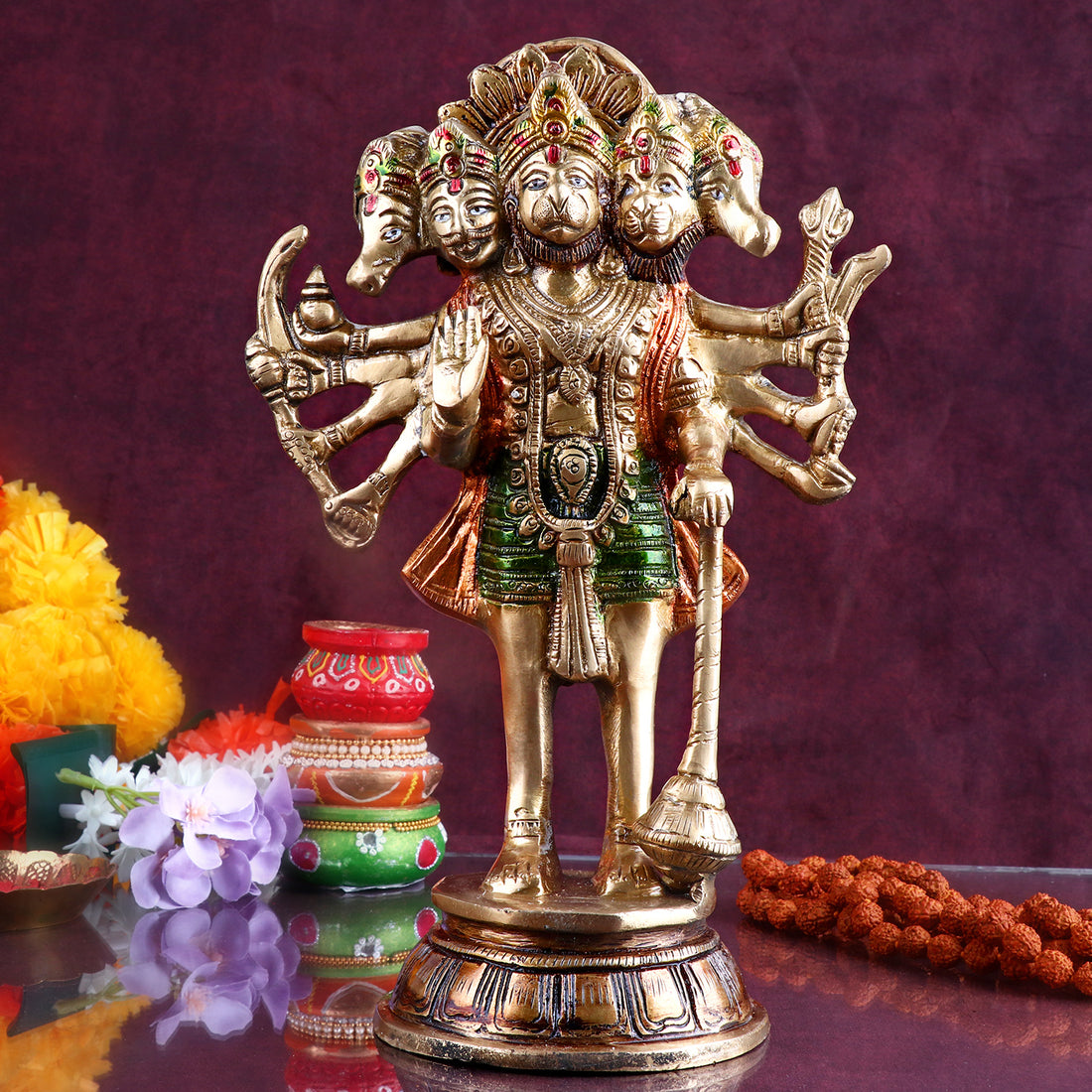10.2 Inch Handcrafts Brass Panchmukhi Hanuman Standing Statue