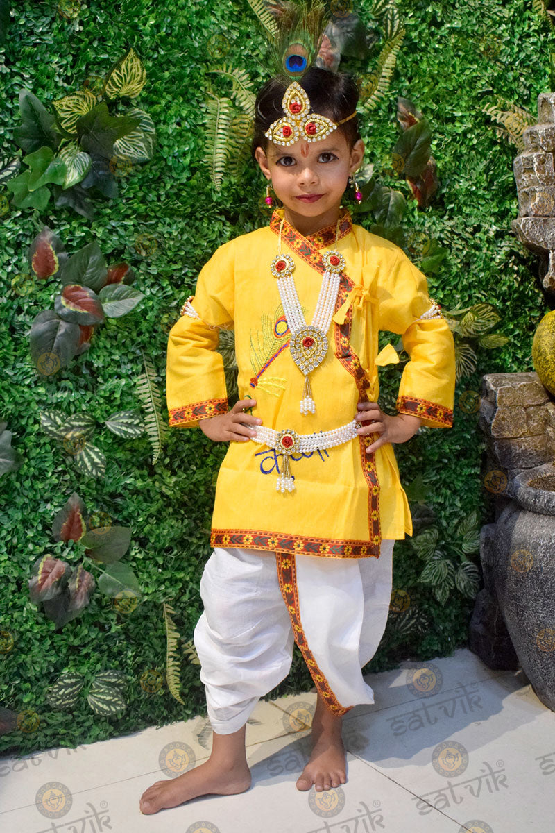 Krishna costume for kids with simple cotton yellow kurti and white dhoti β Indiaβs Largest Pooja Accessories Brand satvikstore.in