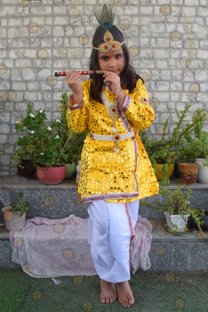 Krishna costume for kids with yellow sequin kurti and white dhoti β Indiaβs Largest Pooja Accessories Brand β www.satvikstore.in/www.satvikworld.com
