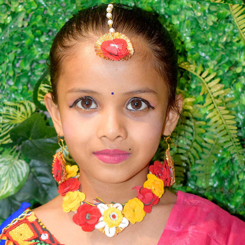 Radha Shringaar set with artificial yellow and red flowers including necklace, earrings, and maang tikka β Indiaβs Largest Pooja Accessories Brand β www.satvikstore.in