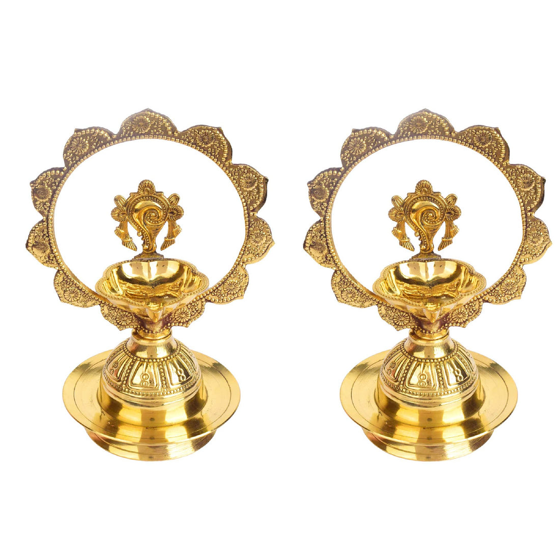 7.5 Inch Embossed Shankh Morkiran Brass Diya