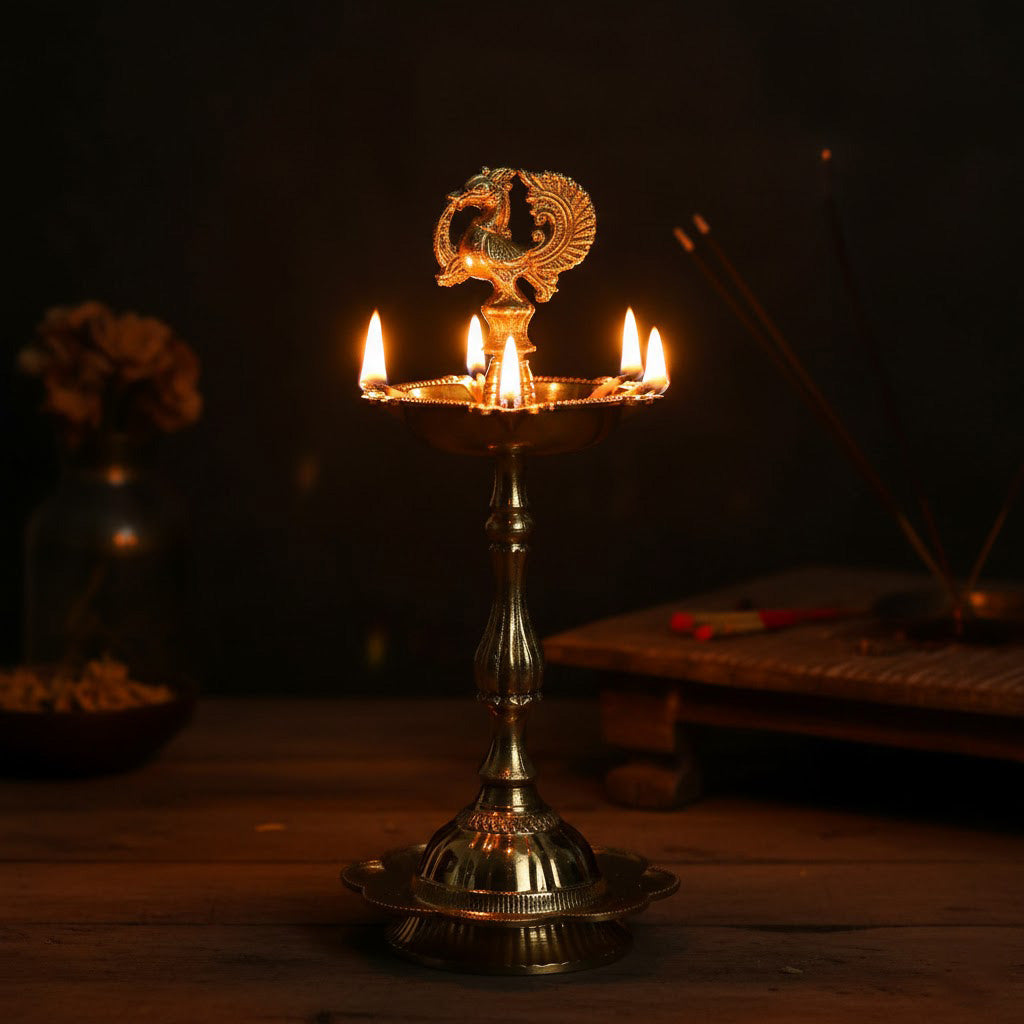 6 Inch Pure Brass Peacock Kerala Diya