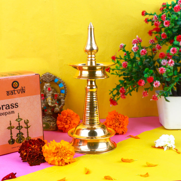 10 Inch Small Brass Kerala Diya – AKP NilaVilakku Deepam – Handcrafted brass diya for traditional Kerala pooja and Indian rituals. India’s Largest Pooja Accessories Brand – www.satvikstore.in