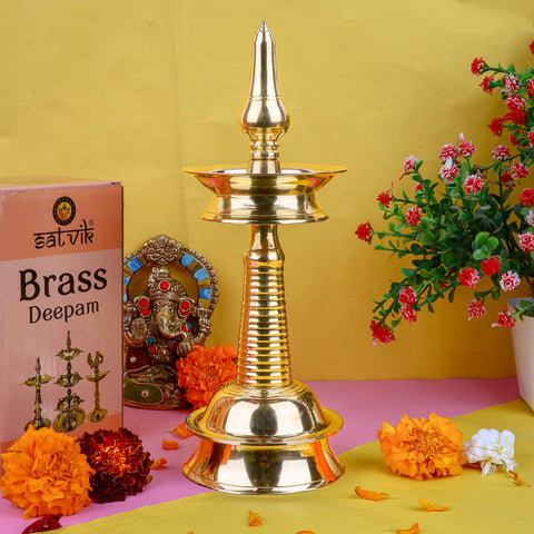 11 Inch Small Brass Kerala Diya β AKP NilaVilakku Deepam β Traditional handcrafted brass pooja lamp for spiritual rituals and home dΓ©cor. Indiaβs Largest Pooja Accessories Brand β www.satvikstore.in