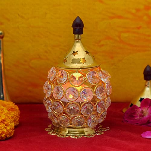 Pure Brass Oval Shape Crystal Glass Chimney Diya