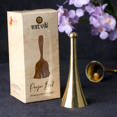 Exquisite brass cone-shaped pooja bell with polished finish and traditional design, ideal for spiritual rituals, temple use, and daily prayer ceremonies at home. Indiaβs Largest Pooja Accessories Brand β www.satvikstore.in