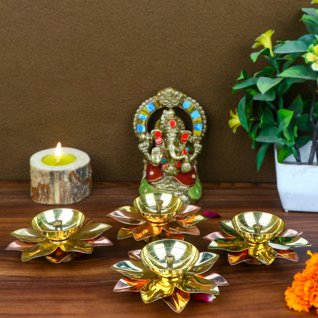 Alluring Brass Copper Lotus Kamal Diya (Large)