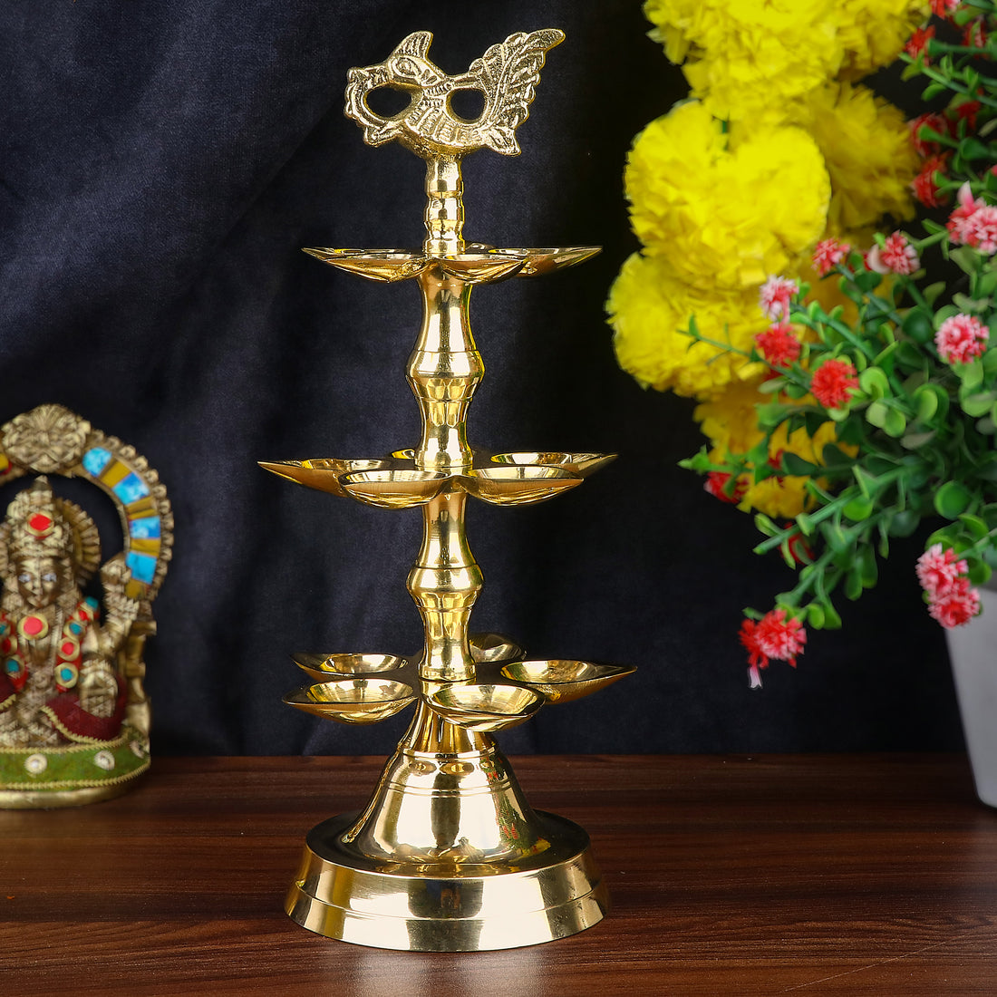 Brass 3 Step Panchmukhi Peacock Kerala Diya