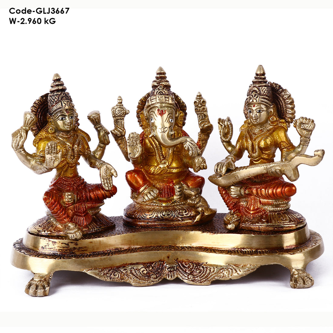 4.7 Inch Brass Lakshmi Ganesh With Saraswati Idol