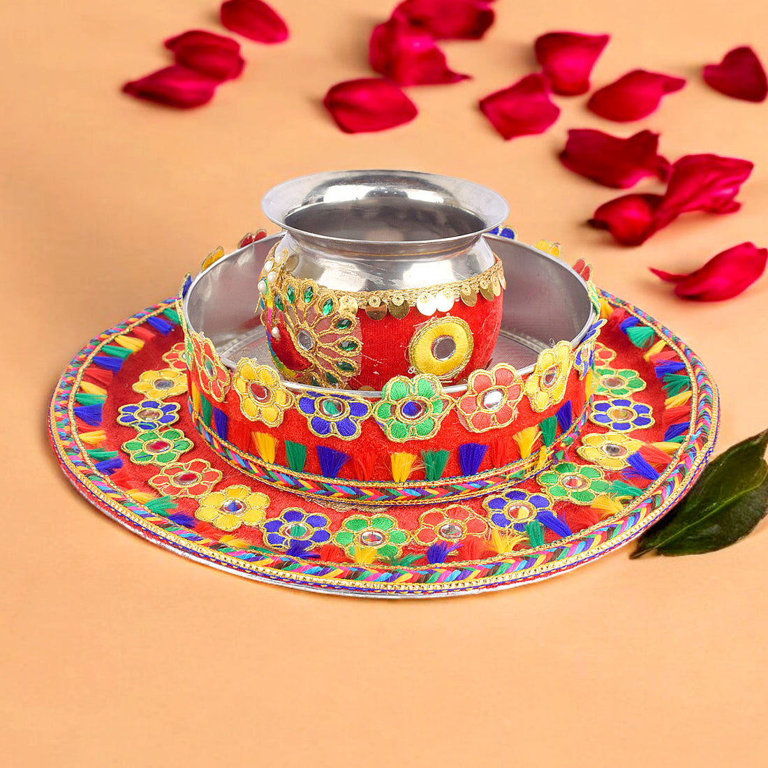 Karwa Chauth Handmade Floral Thali Set - 3pc