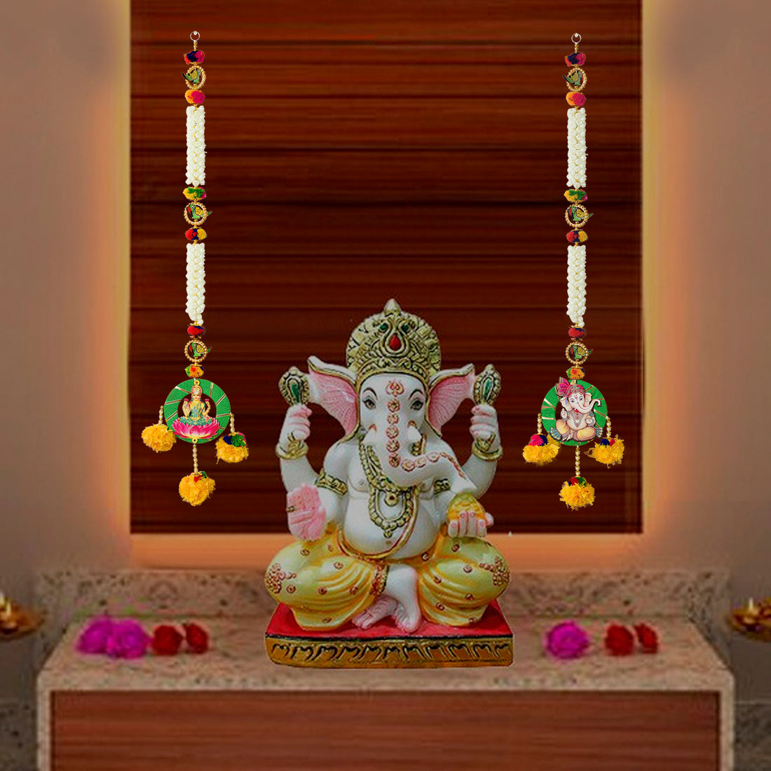 Artificial Jasmine Flower with Laxmi Ganesha Wall Hanging (Color-Assorted)