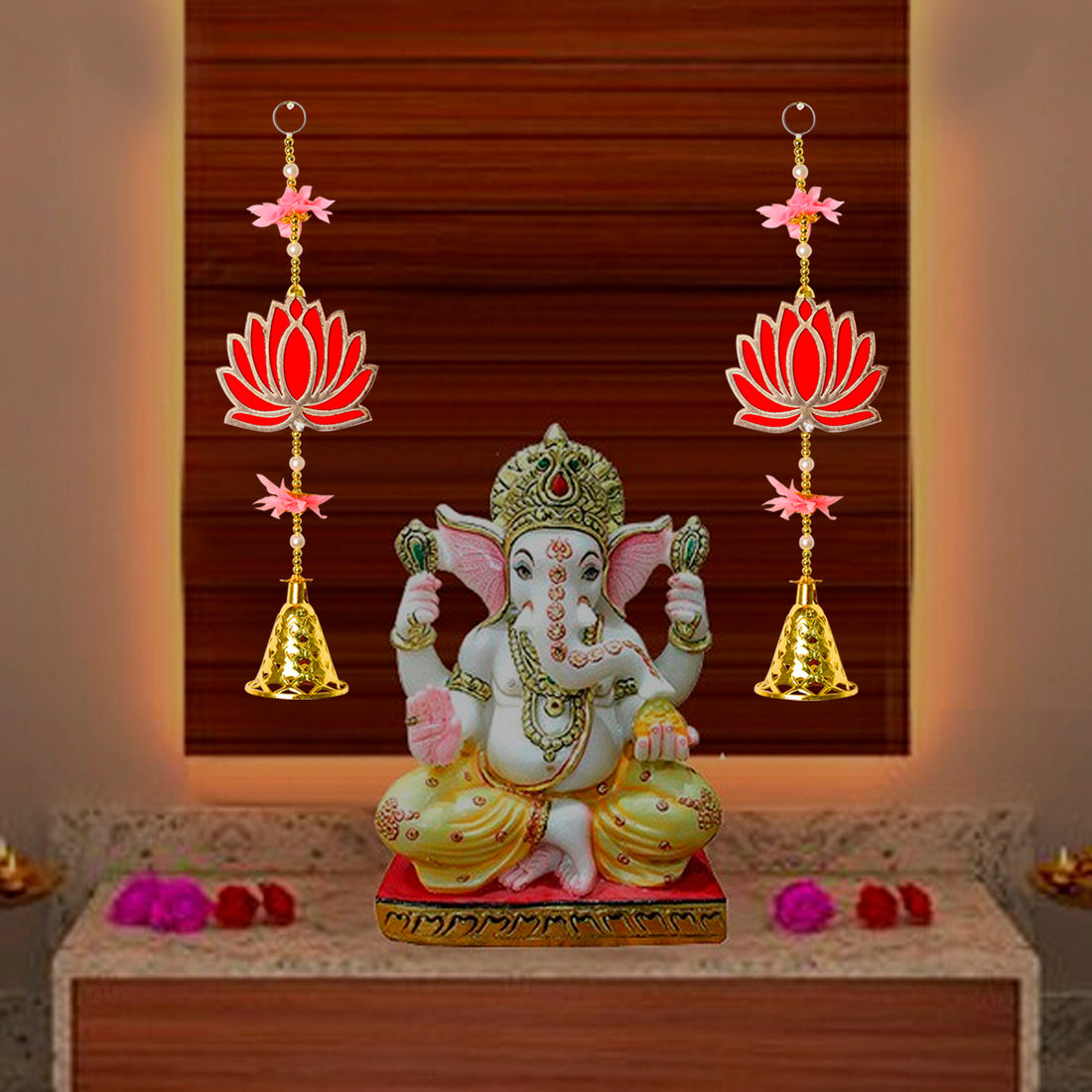 Attractive 1 Tier Lotus with Bells Wall Hanging Backdrop (1Pair Latkans) For Wall Decoration