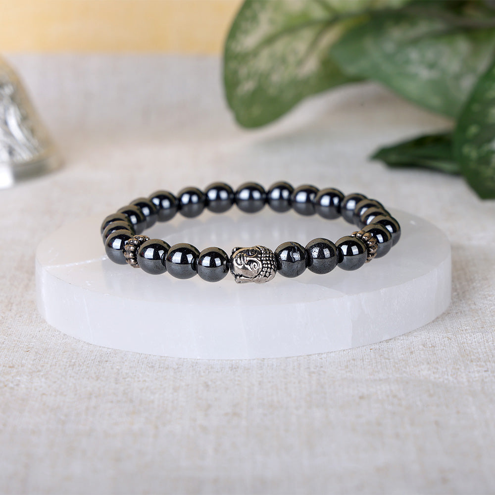 Hematite Bracelet Silver Buddha Charm Stylish Spiritual Wear