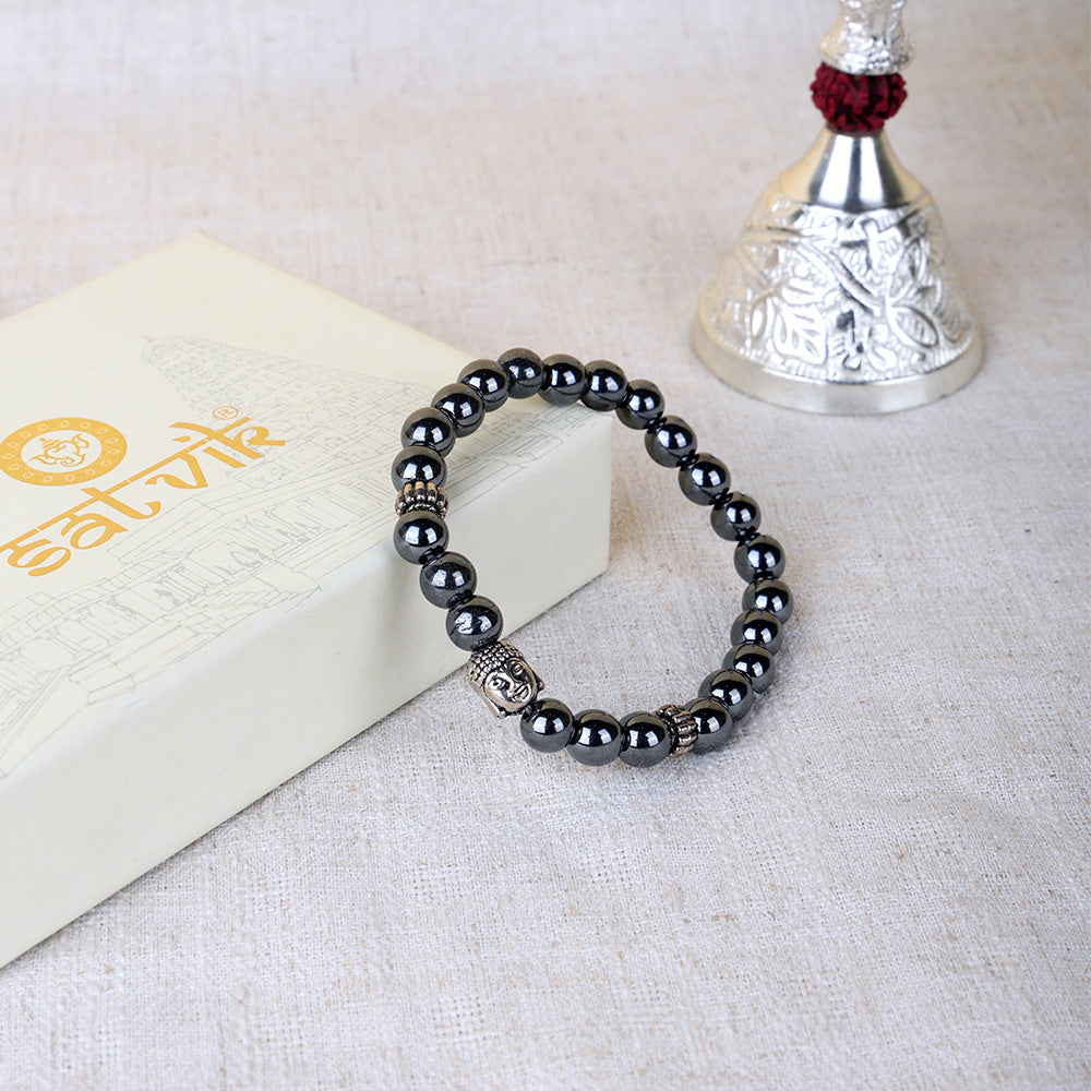 Hematite Bracelet Silver Buddha Charm Stylish Spiritual Wear