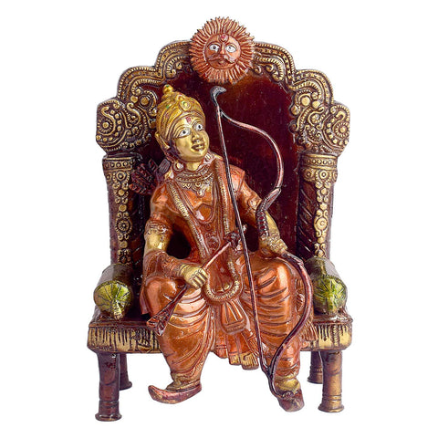 10.8 Inch Antique Brass Lord Ram On Throne (Singhasan) Idol Brass Statue featuring intricate detailing, perfect for spiritual home decor, temple worship, and devotional gifting. India’s Largest Brass Idols Brand - www.satvikstore.in