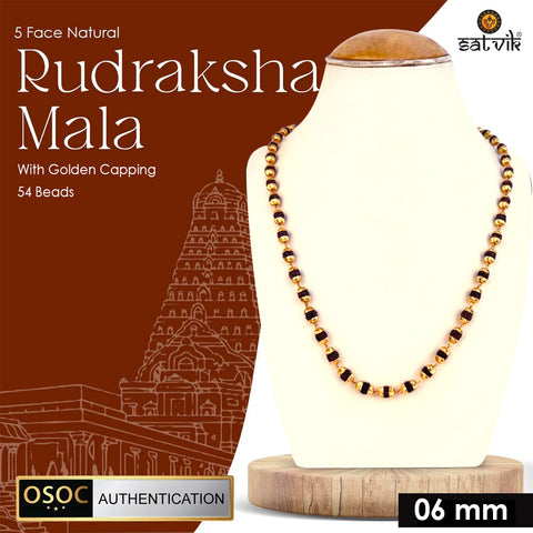 100% Original & Certified 5 Mukhi Face Natural Rudraksha Mala with golden Capping