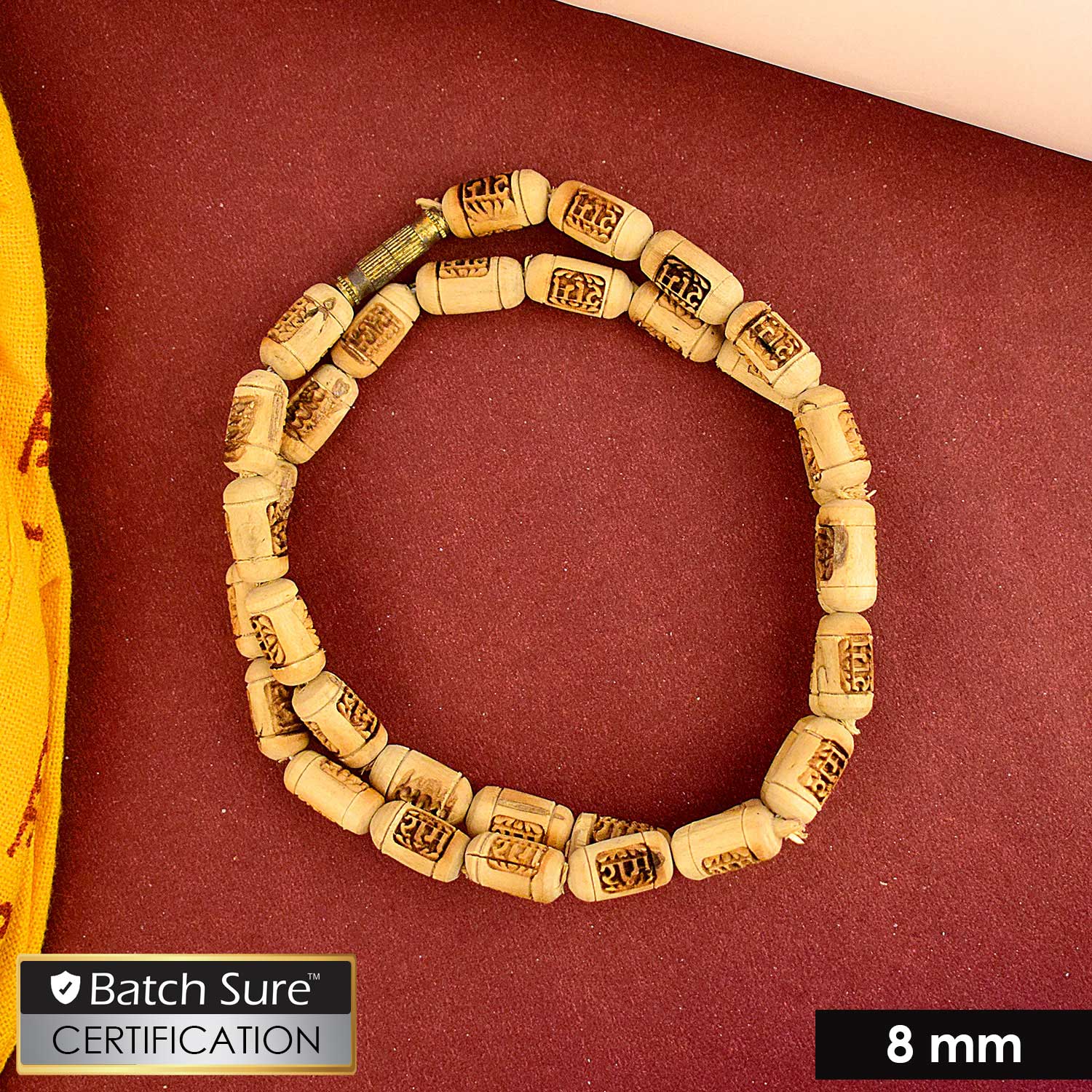 100% pure Tulsi Kanthi wooden mala engraved with the name of Lord Ram, ideal for prayer, meditation, and devotional wear.
