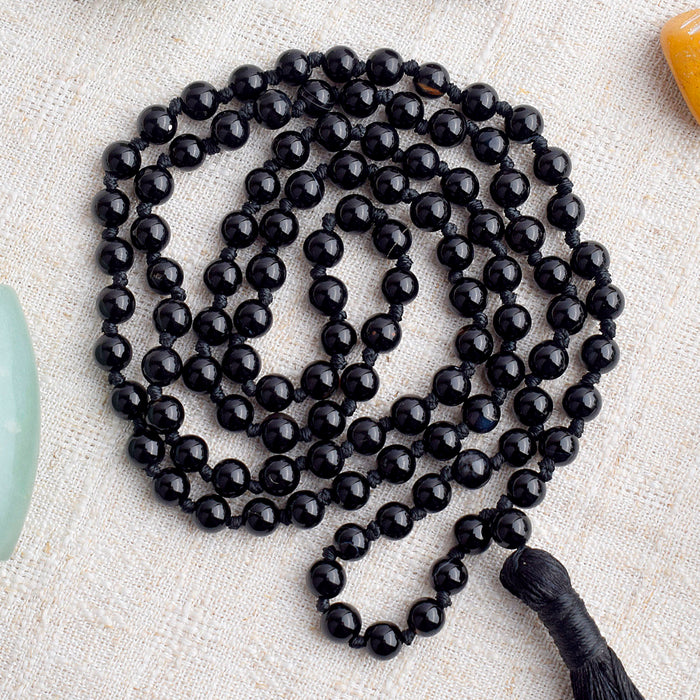 108 Beads Black Onyx Crystal Jaap Mala for Protection & Focus
