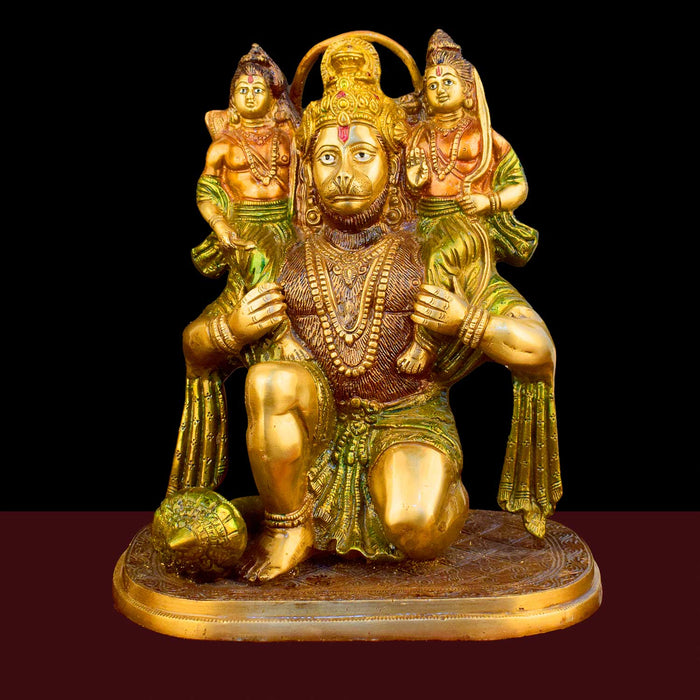 11.4 Inch Hanuman with Ram Laxman on Shoulder Brass Idol with fine detailing, symbolizing strength, devotion, and protection – perfect for pooja room, home temple, or as a spiritual gift. No.1 Brass Idol Store www.satvikstore.in 