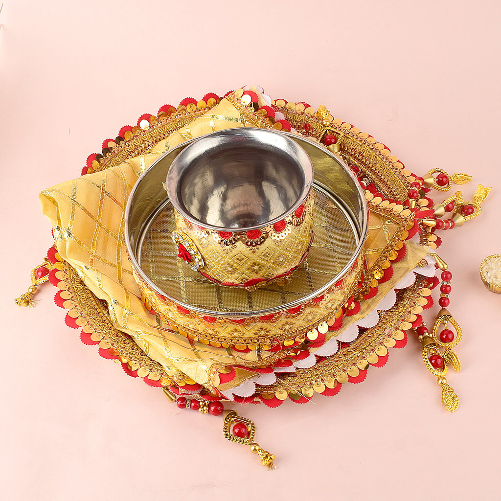 11 Pc Golden and Red Embroidery Karwa Chauth Thali Set with Channi, Kalash, Thali Cover and Complete Puja Accessories. India’s Largest Pooja Accessories Brand - www.satvikstore.in