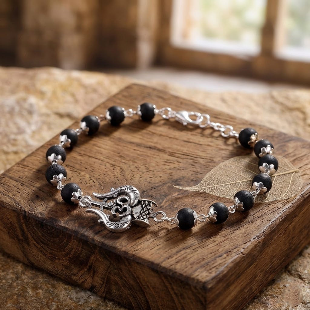 Silver Plated Karungali Bracelet with Om Trishul Charm