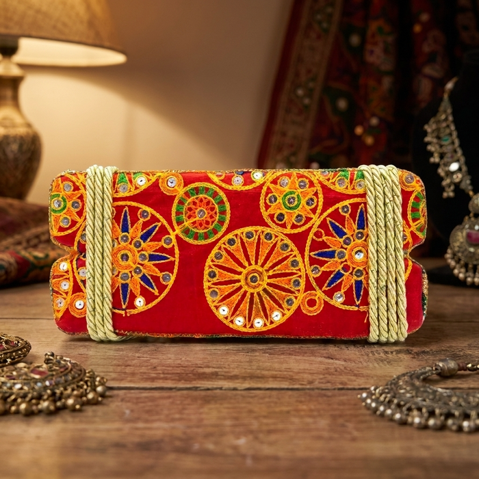 Red Mirror & Wheel Embroidery Jhula Patri for Teej