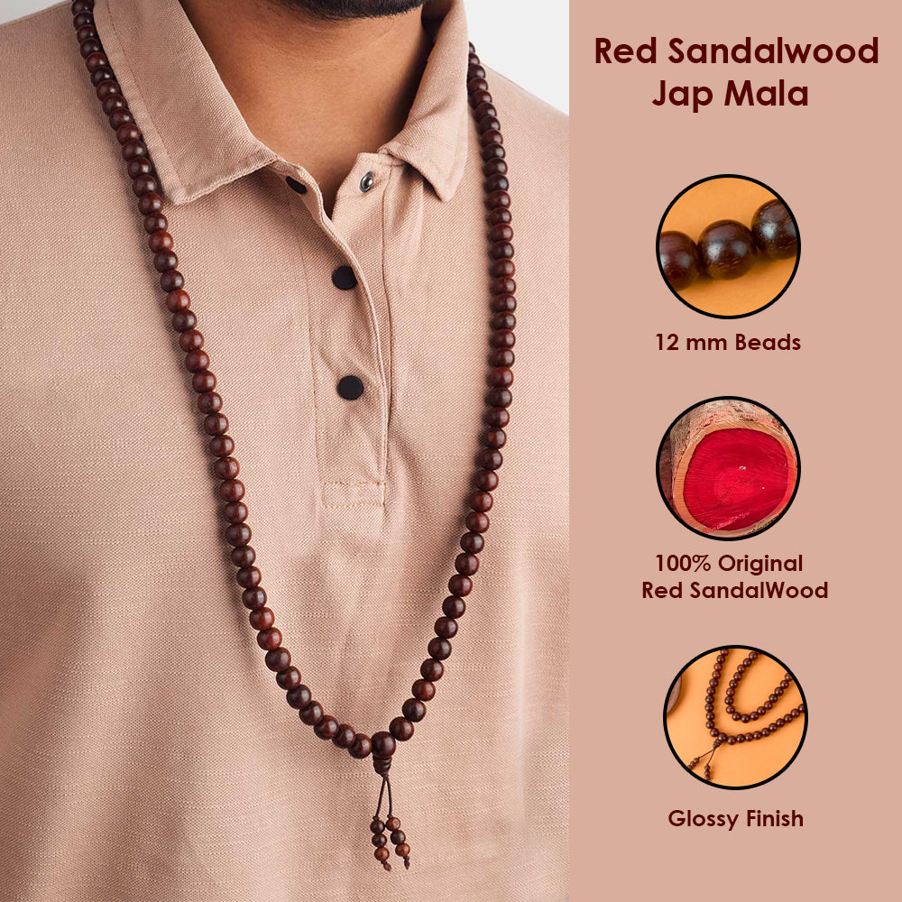 Certified 12mm 100% Original Authentic Pure Elastic Red Sandalwood Jap Mala (Andhra Pradesh)