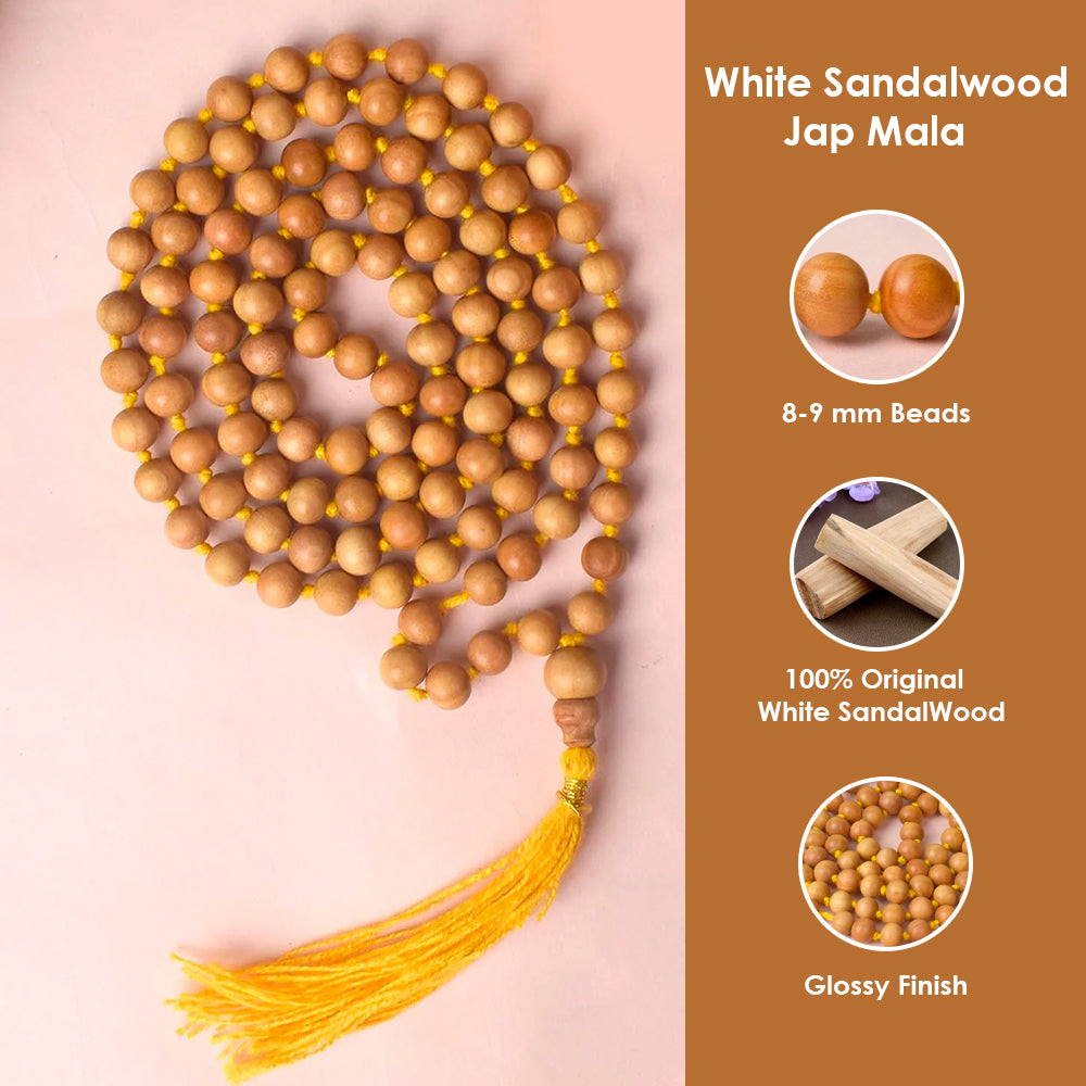 Certified 8-9mm 100% Original Authentic Mysore White Sandalwood (Chandan) yellow thread Jap Mala