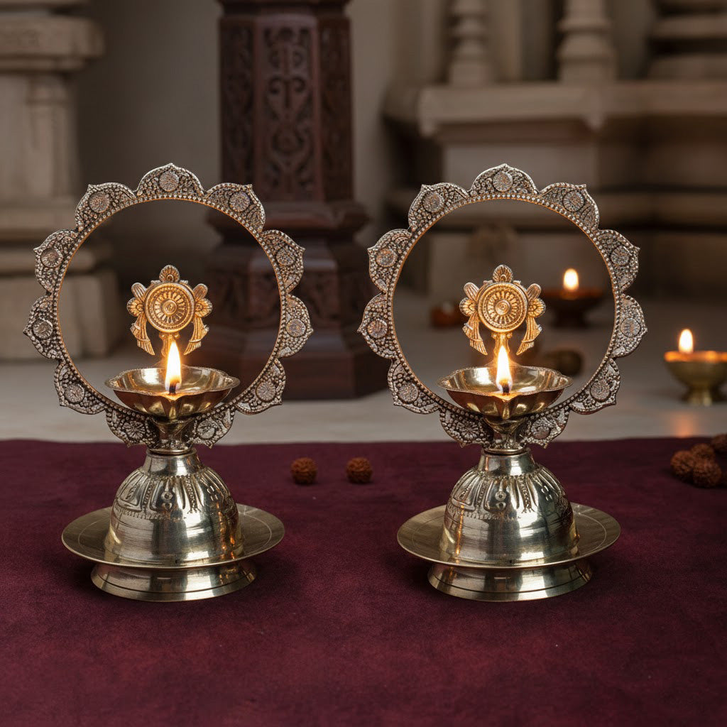 Brass Mor Kiran Chakra & Shankh Diya Pair 6.2 Inch