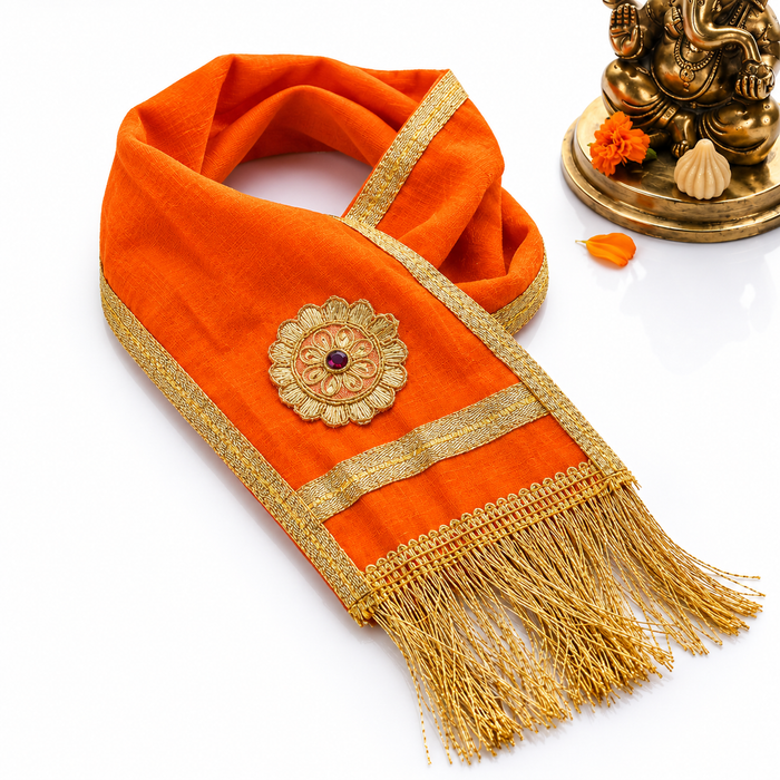 Decorative Orange Ganpati Idol Patka with Gold Border