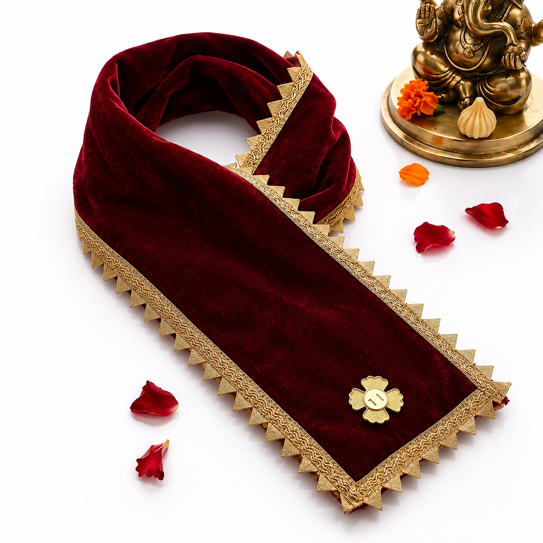 Maroon Velvet Ganpati Idol Patka with Zigzag Gold Border - 22 Inch