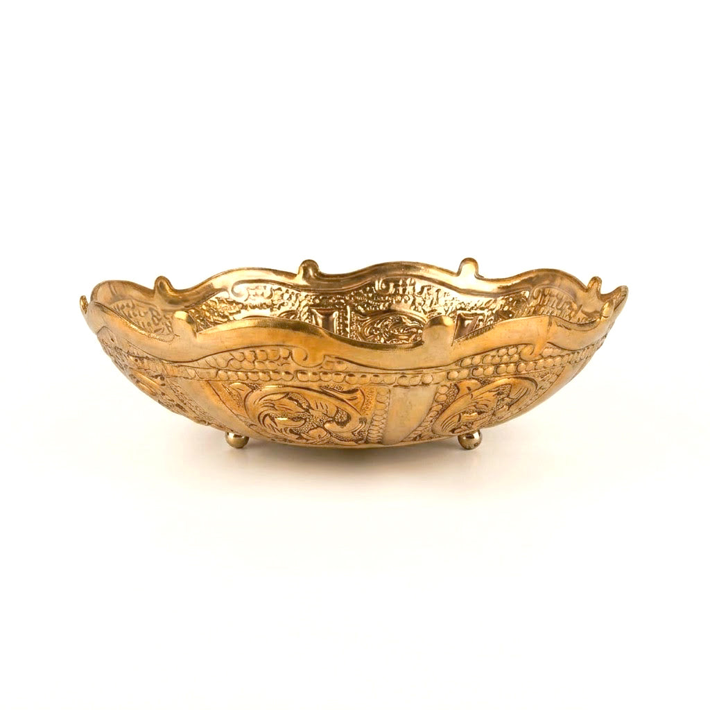 9.5 Inch Antique Floral Embossed Decorative Brass Urli