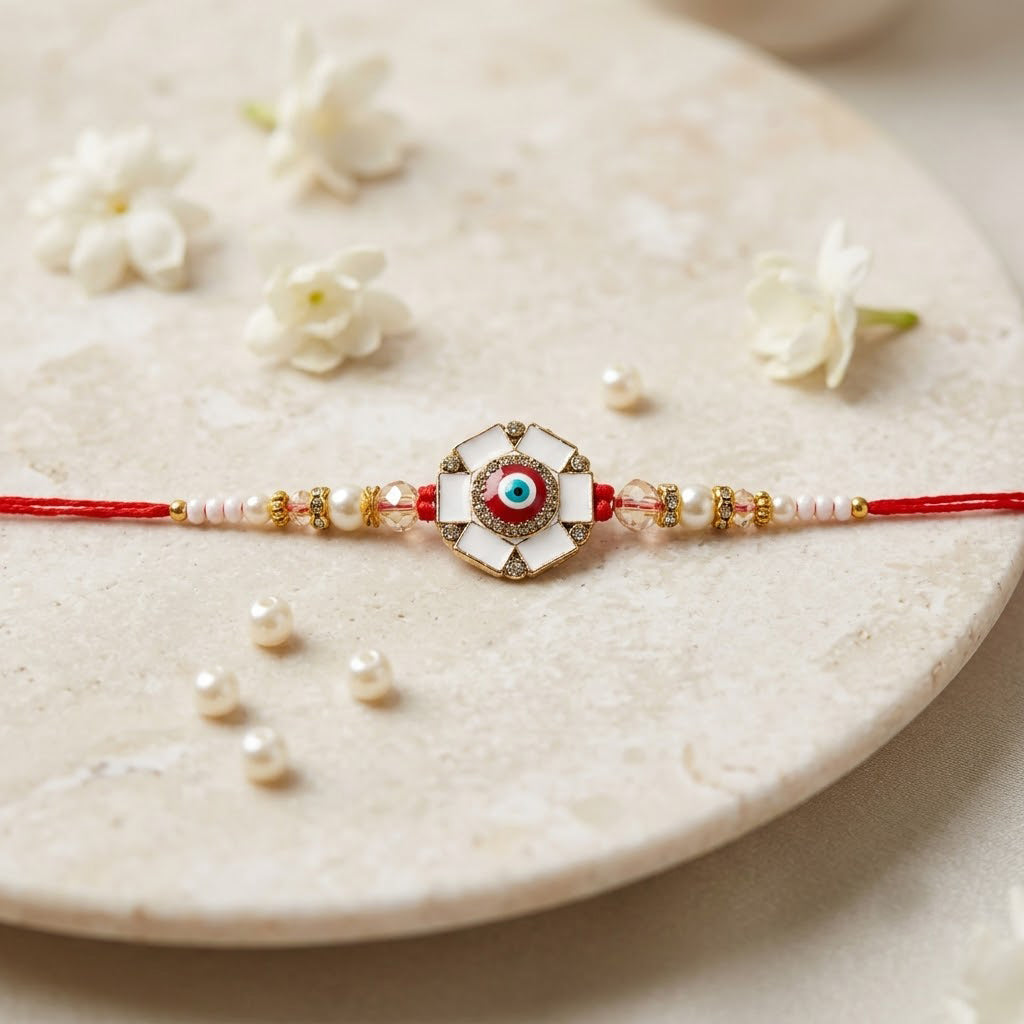 Elegance White Meenakari and Red Evil Eye Designer Rakhi
