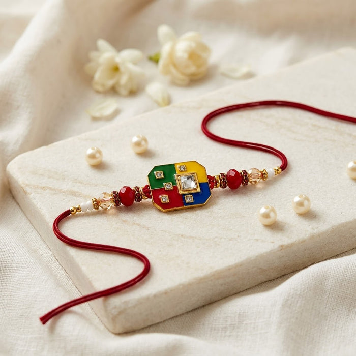 Traditional Four Color Enamel Dial Solitaire Stone Rakhi