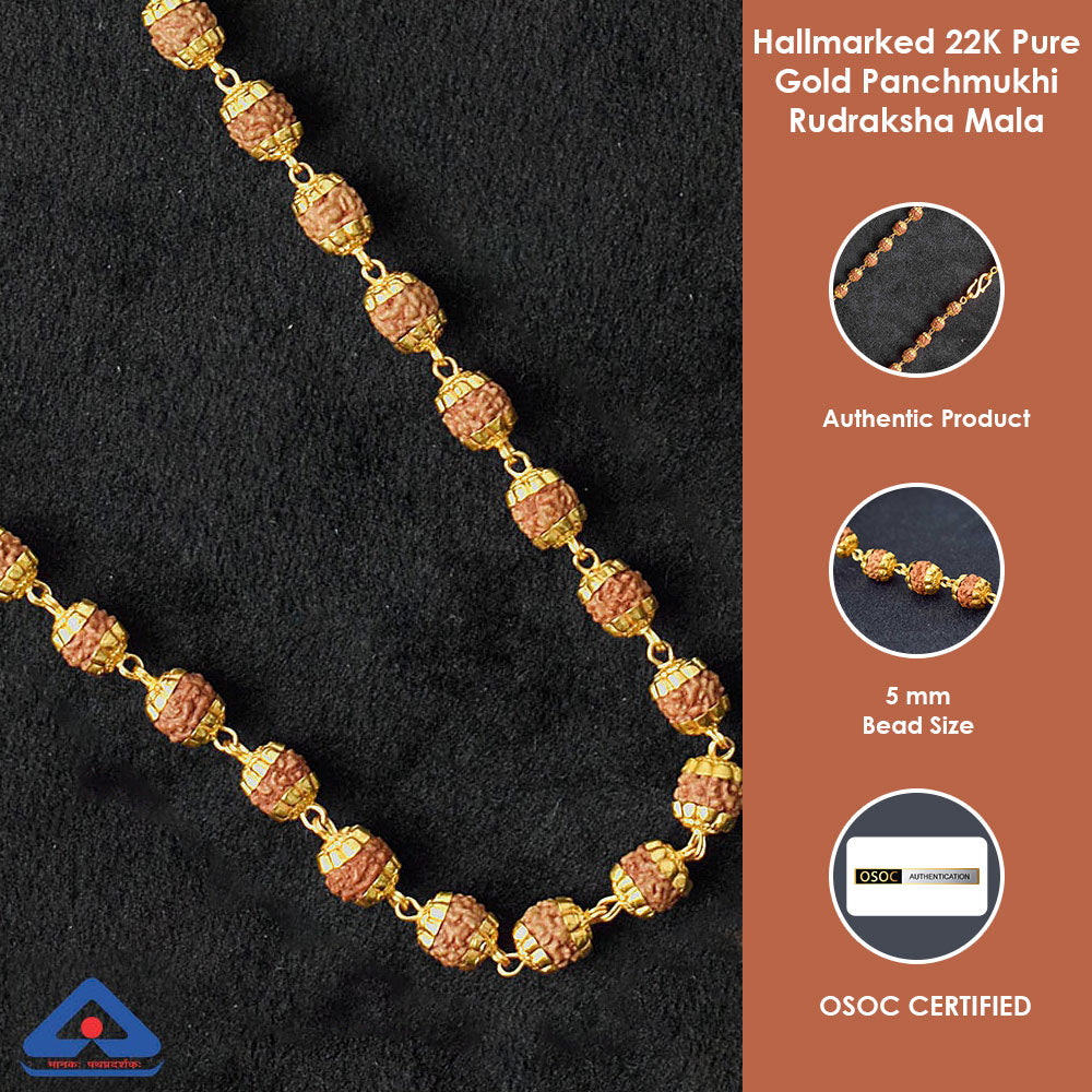 Hallmarked 22K Pure Gold Panchmukhi Rudraksha Mala