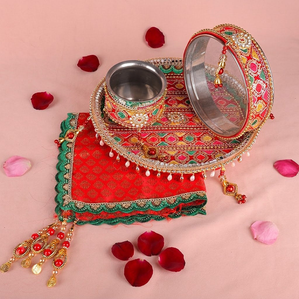 11 Pc Stunning Red Embroidery Karwa Chauth Thali Set